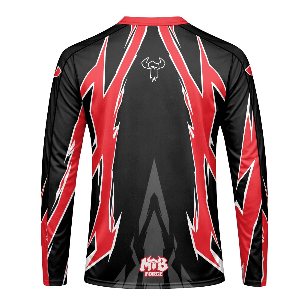 MTB Forge Red Black Aggressive Graphic Youth Long Sleeve Mountain Bike Jersey – Back View Mockup