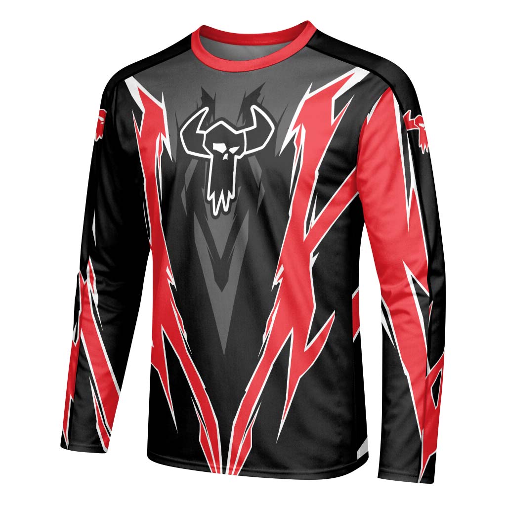 MTB Forge Red Black Aggressive Graphic Youth Long Sleeve Mountain Bike Jersey – Left Side View Mockup