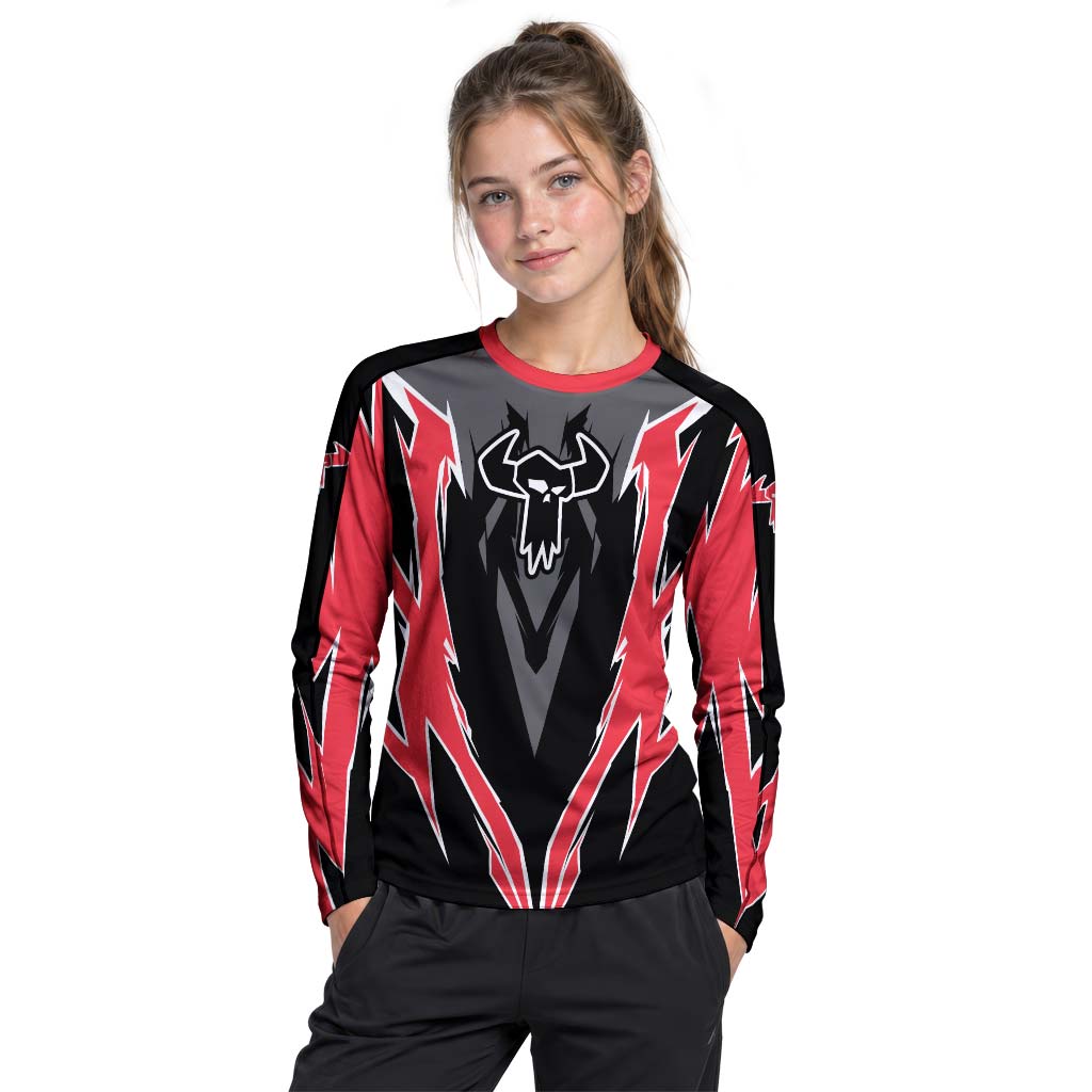 MTB Forge Red Black Aggressive Graphic Youth Long Sleeve Mountain Bike Jersey – Girl Lifestyle View
