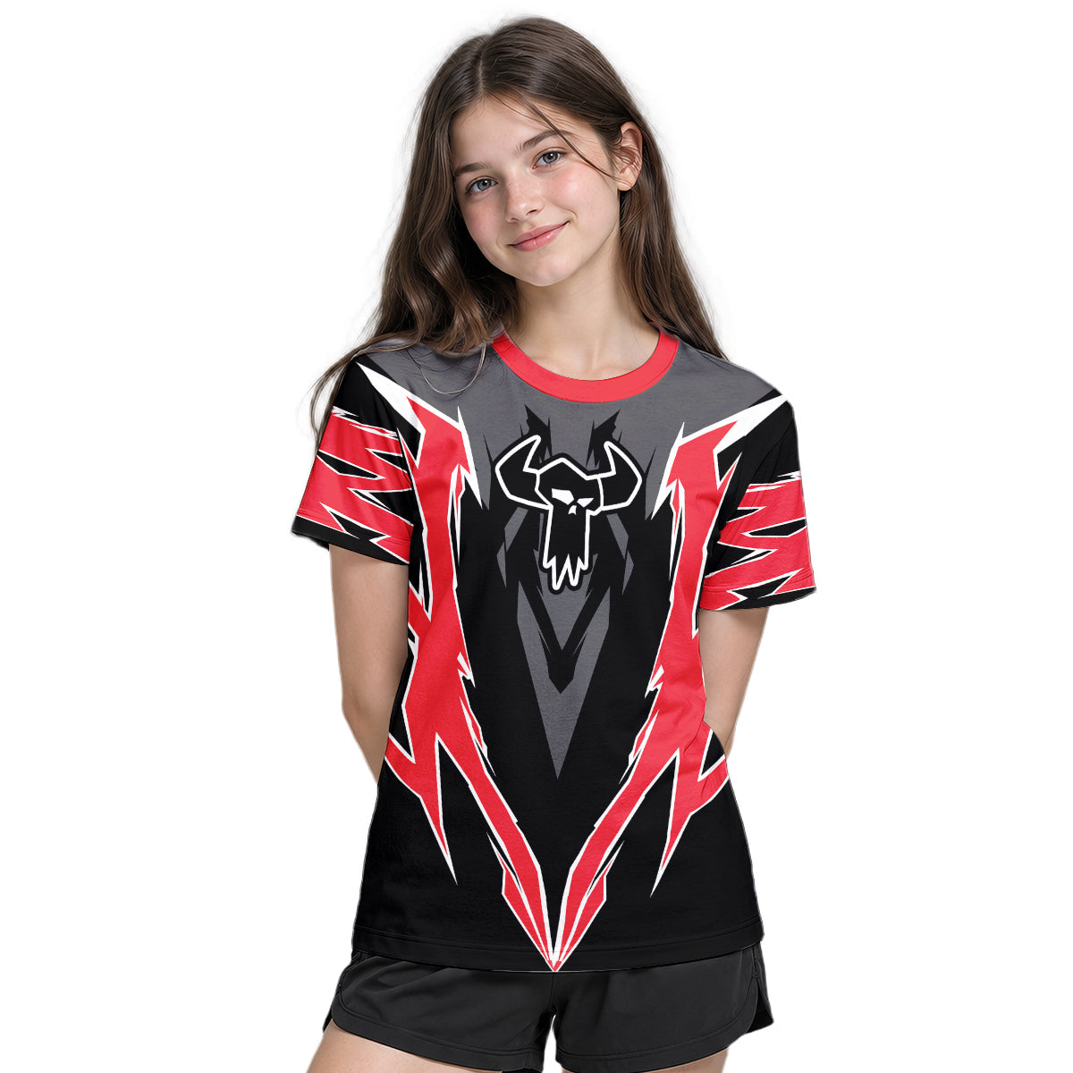 MTB Forge Red Black Aggressive Graphic Youth Short Sleeve Mountain Bike Jersey – Girl Lifestyle View