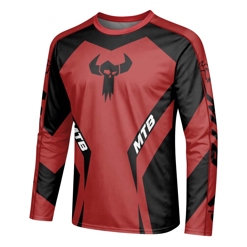 MTB Forge Red Black Racing Long Sleeve Mountain Bike Jersey – Left Side View Mockup