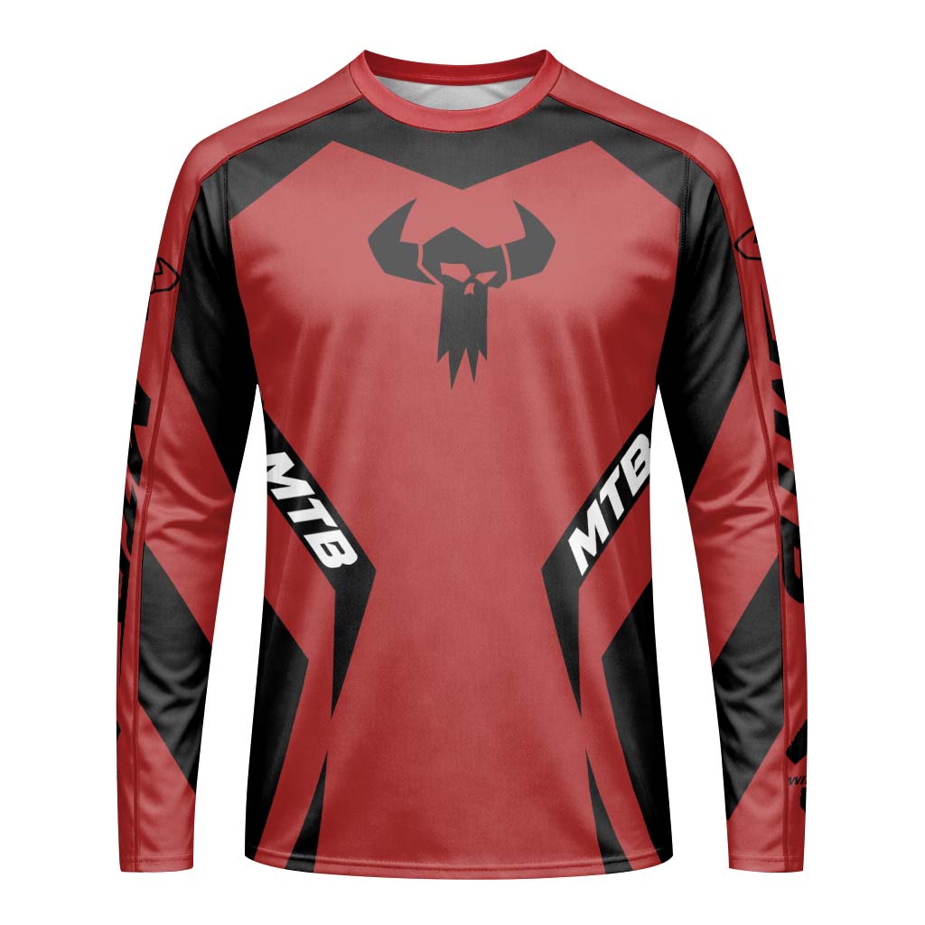 MTB Forge Red Black Racing Youth Long Sleeve Mountain Bike Jersey – Front View Mockup