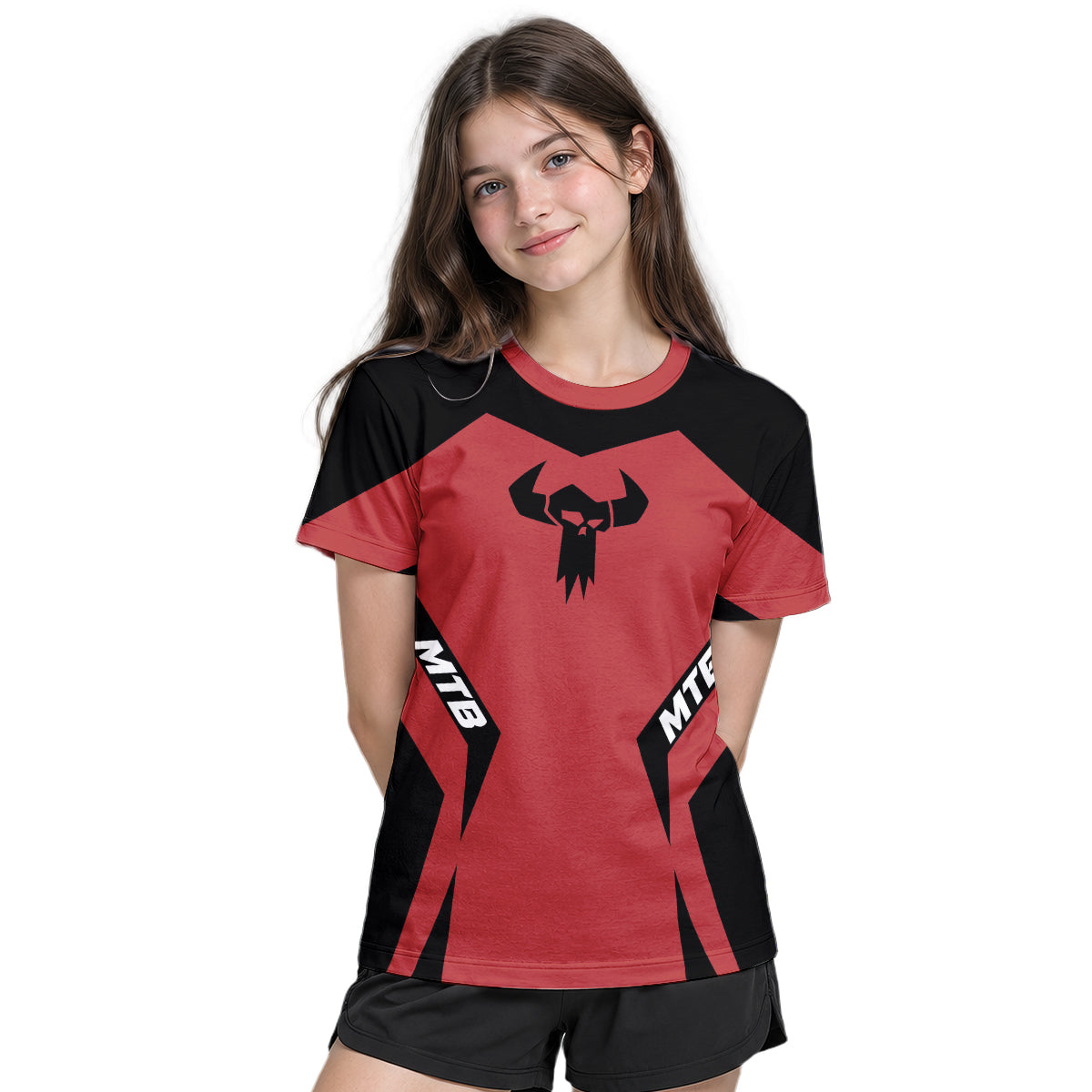 MTB Forge Red Black Racing Youth Short Sleeve Mountain Bike Jersey – Girl Lifestyle View