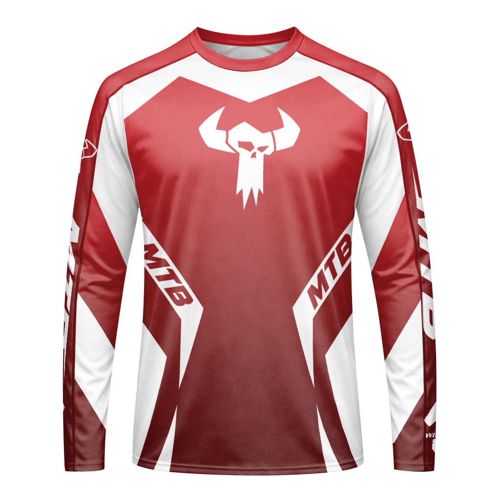 MTB Forge Red White Racing Long Sleeve Mountain Bike Jersey – Front View Mockup