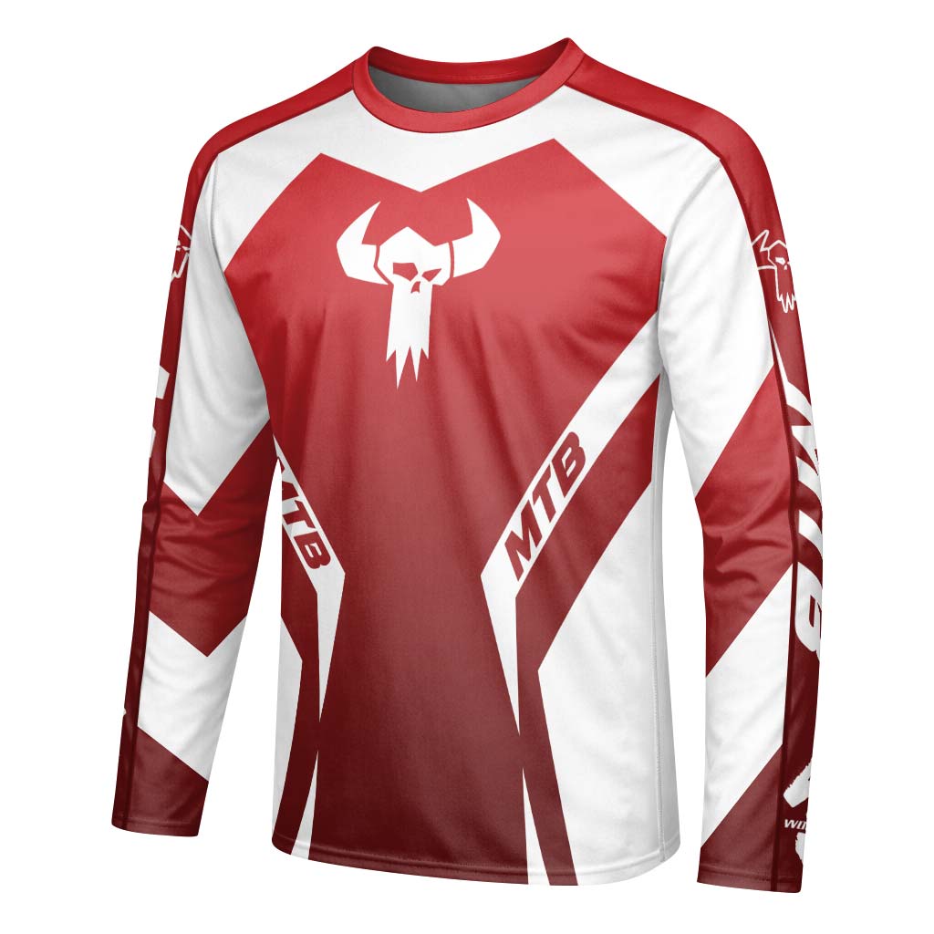 MTB Forge Red White Racing Long Sleeve Mountain Bike Jersey – Left Side View Mockup