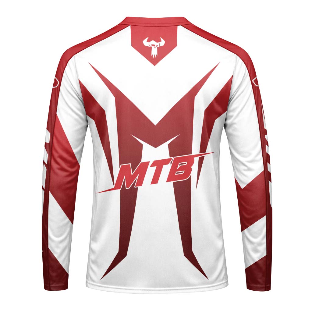 MTB Forge Red White Racing Youth Long Sleeve Mountain Bike Jersey – Back View Mockup