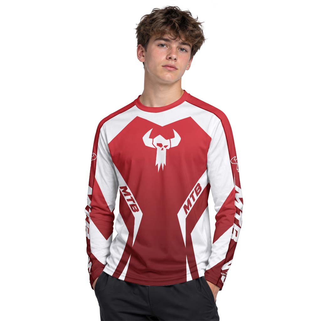 MTB Forge Red White Racing Youth Long Sleeve Mountain Bike Jersey – Boy Lifestyle View