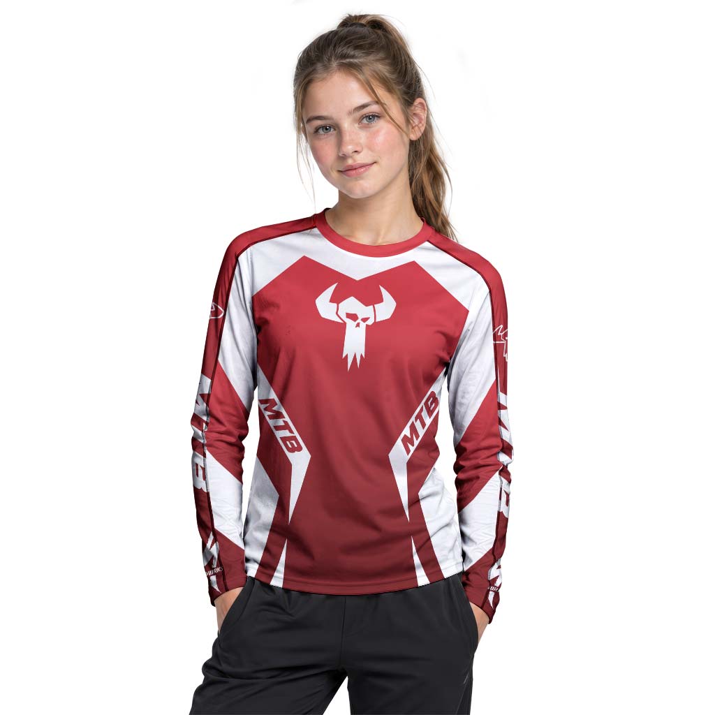 MTB Forge Red White Racing Youth Long Sleeve Mountain Bike Jersey – Girl Lifestyle View