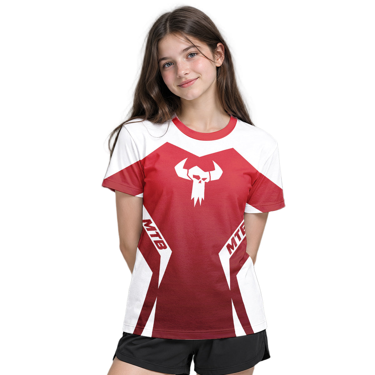 MTB Forge Red White Racing Youth Short Sleeve Mountain Bike Jersey – Girl Lifestyle View