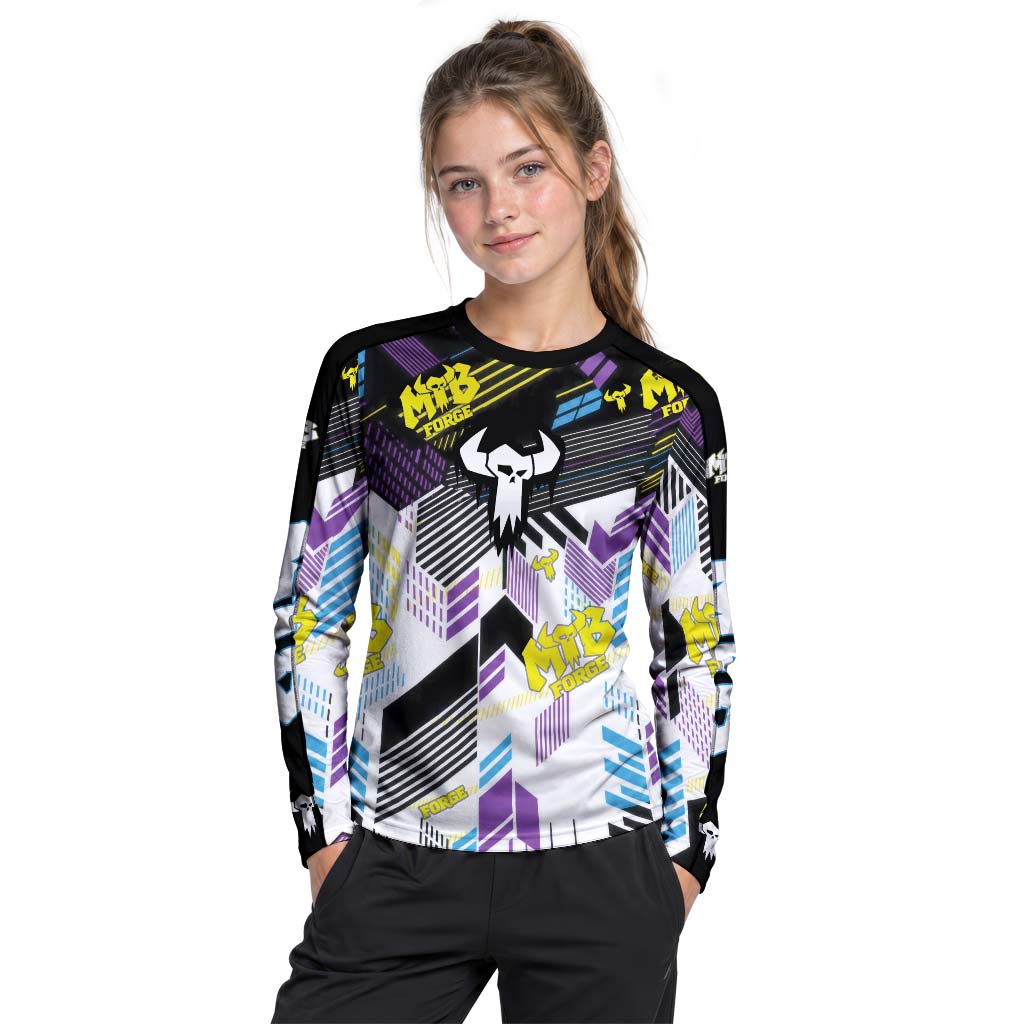 MTB Forge Retro Geometric Youth Long Sleeve Mountain Bike Jersey – Girl Lifestyle View