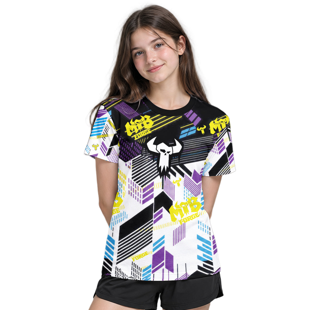 MTB Forge Retro Geometric Youth Short Sleeve Mountain Bike Jersey – Girl Lifestyle View