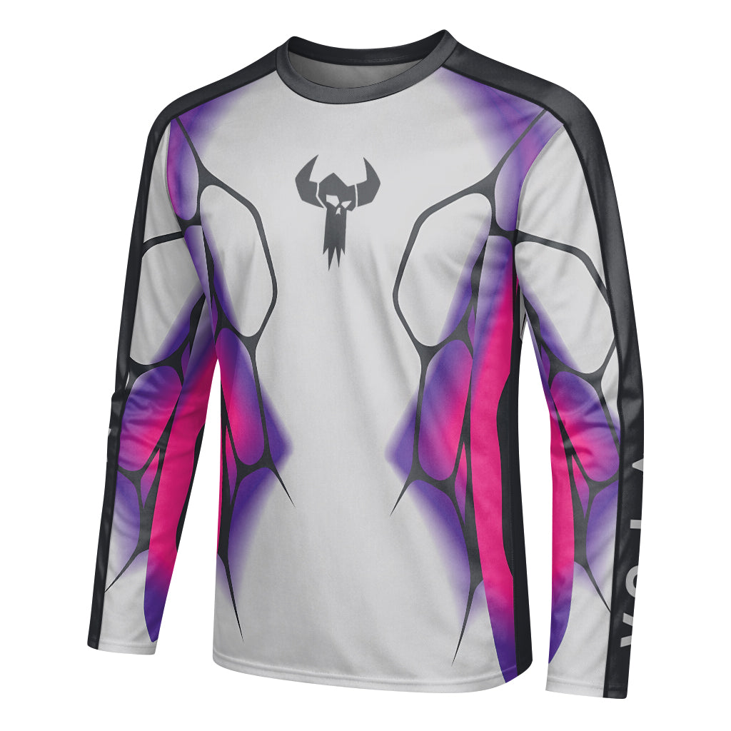 MTB Forge Silver Purple Armor Long Sleeve Mountain Bike Jersey – Left Side View Mockup