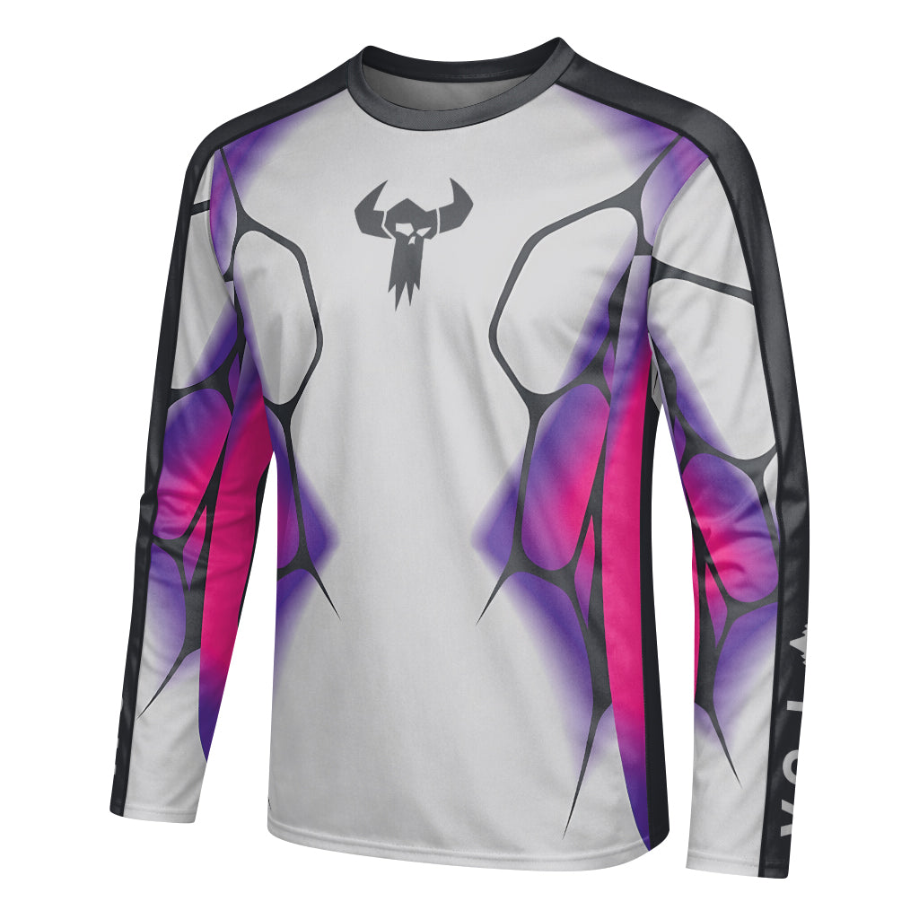MTB Forge Silver Purple Armor Youth Long Sleeve Mountain Bike Jersey – Left Side View Mockup