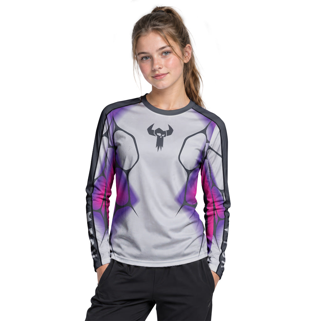 MTB Forge Silver Purple Armor Youth Long Sleeve Mountain Bike Jersey – Girl Lifestyle View