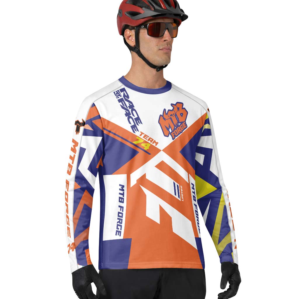 MTB Forge Team 74 Orange Blue Long Sleeve Mountain Bike Jersey – Lifestyle View