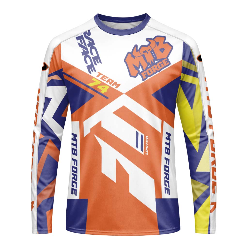 MTB Forge Team 74 Orange Blue Long Sleeve Mountain Bike Jersey – Front View Mockup