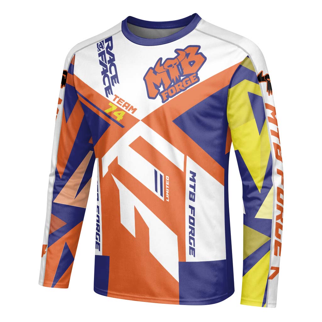 MTB Forge Team 74 Orange Blue Long Sleeve Mountain Bike Jersey – Left Side View Mockup
