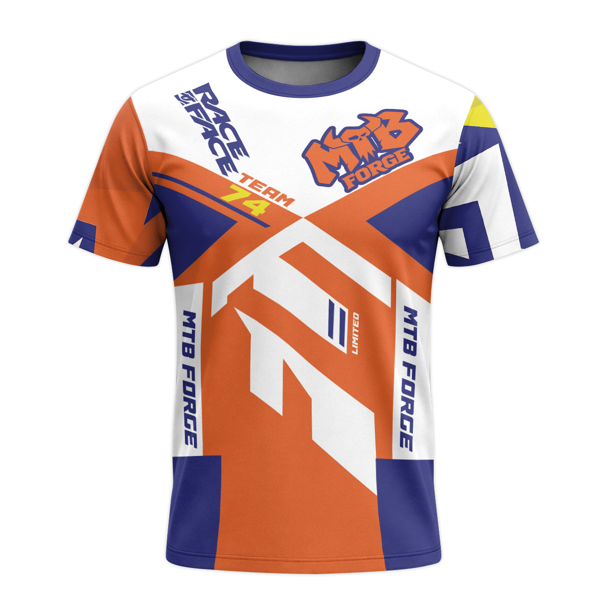 MTB Forge Team 74 Orange Blue Short Sleeve Mountain Bike Jersey – Front View Mockup