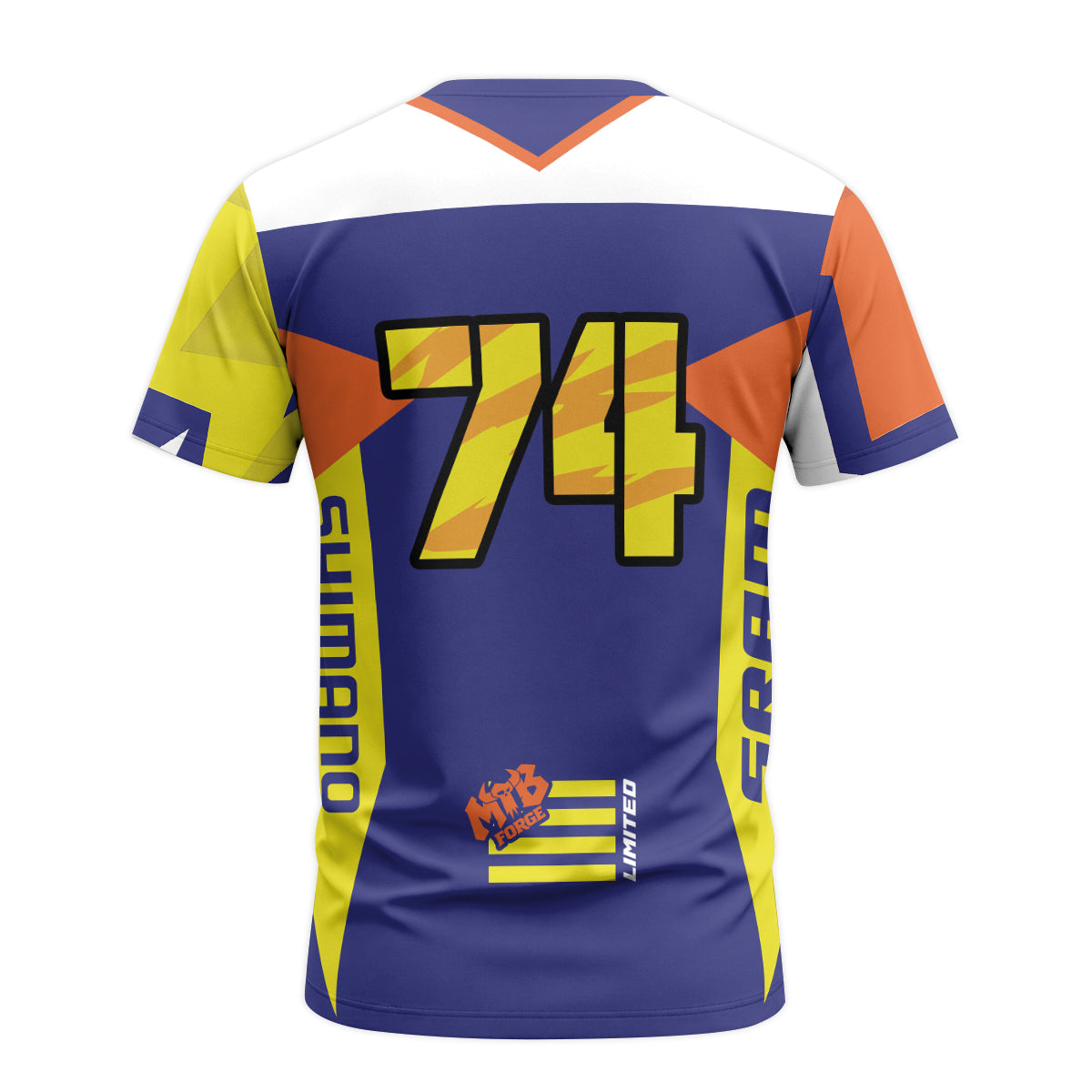MTB Forge Team 74 Orange Blue Short Sleeve Mountain Bike Jersey – Back View Mockup