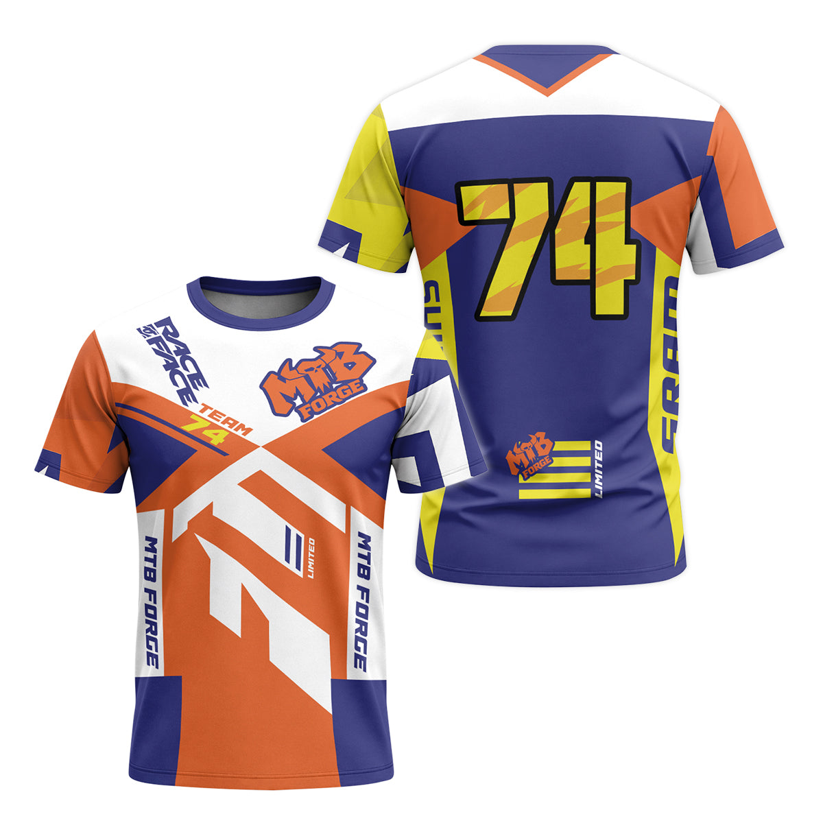 MTB Forge Team 74 Orange Blue Short Sleeve Mountain Bike Jersey – Front and Back View