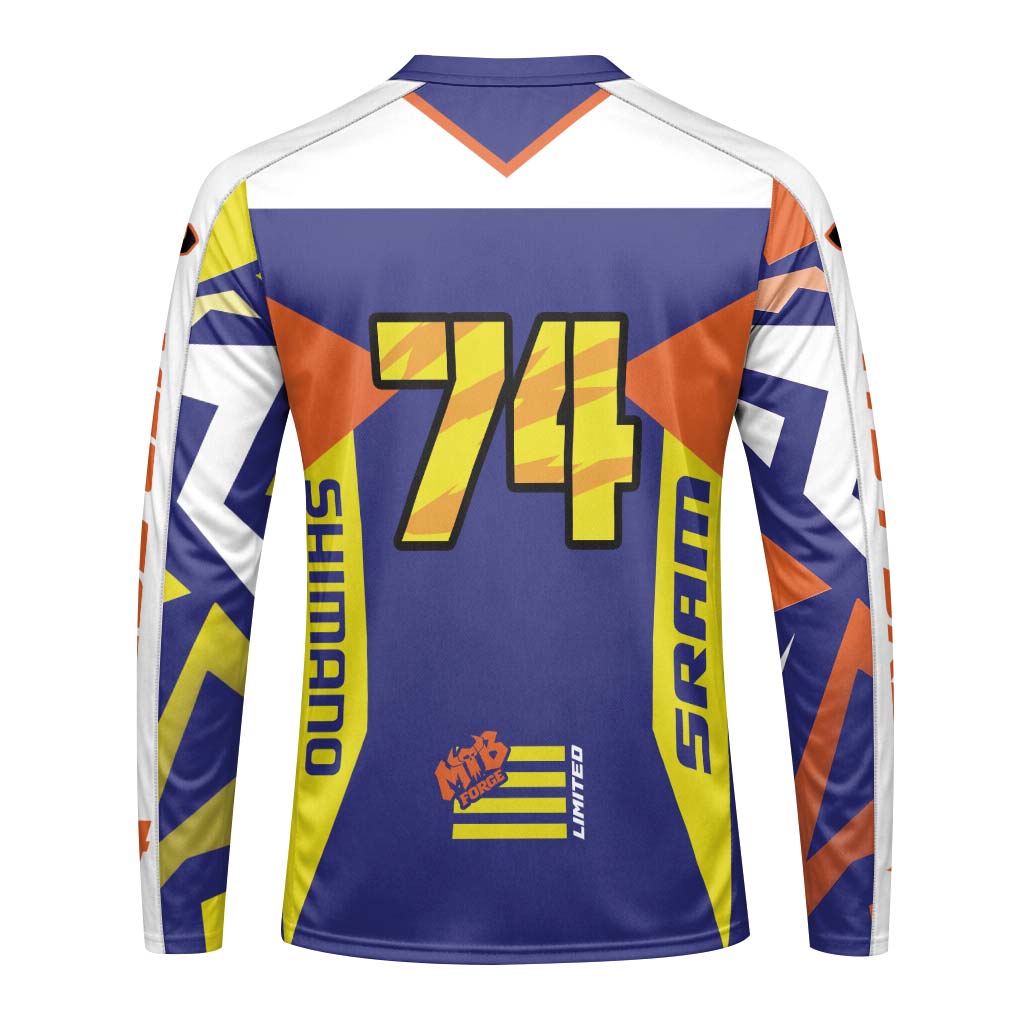 MTB Forge Team 74 Orange Blue Youth Long Sleeve Mountain Bike Jersey – Back View Mockup