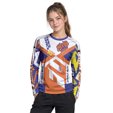 MTB Forge Team 74 Orange Blue Youth Long Sleeve Mountain Bike Jersey – Girl Lifestyle View
