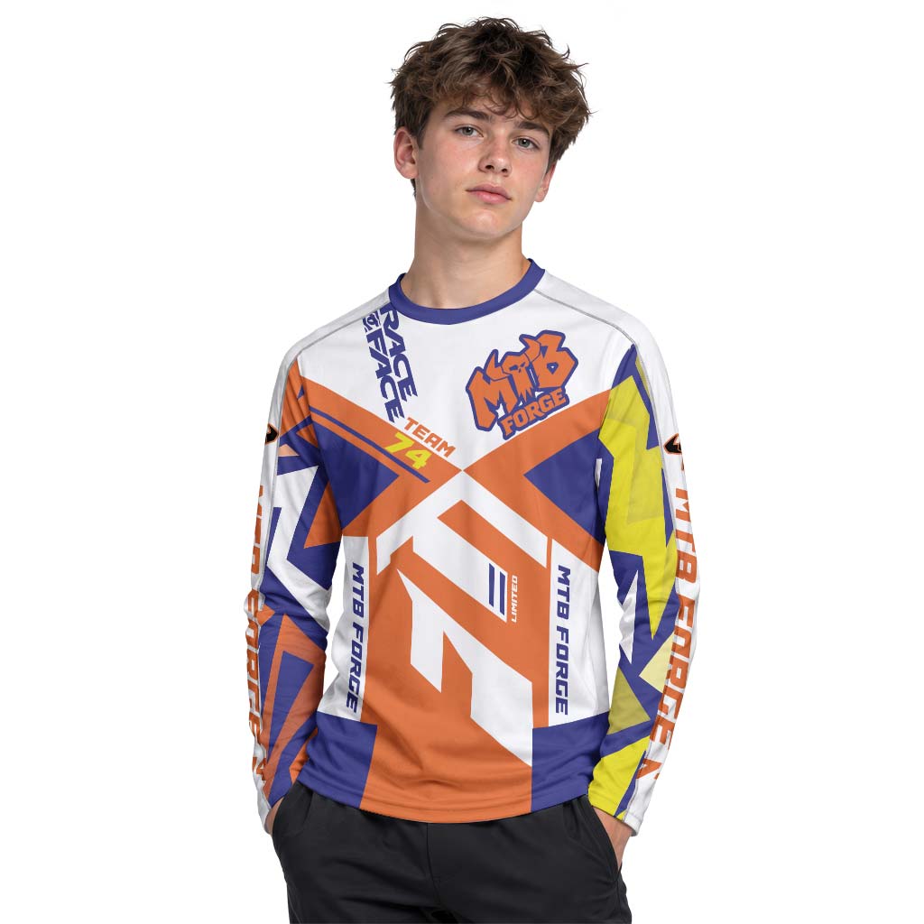MTB Forge Team 74 Orange Blue Youth Long Sleeve Mountain Bike Jersey – Boy Lifestyle View