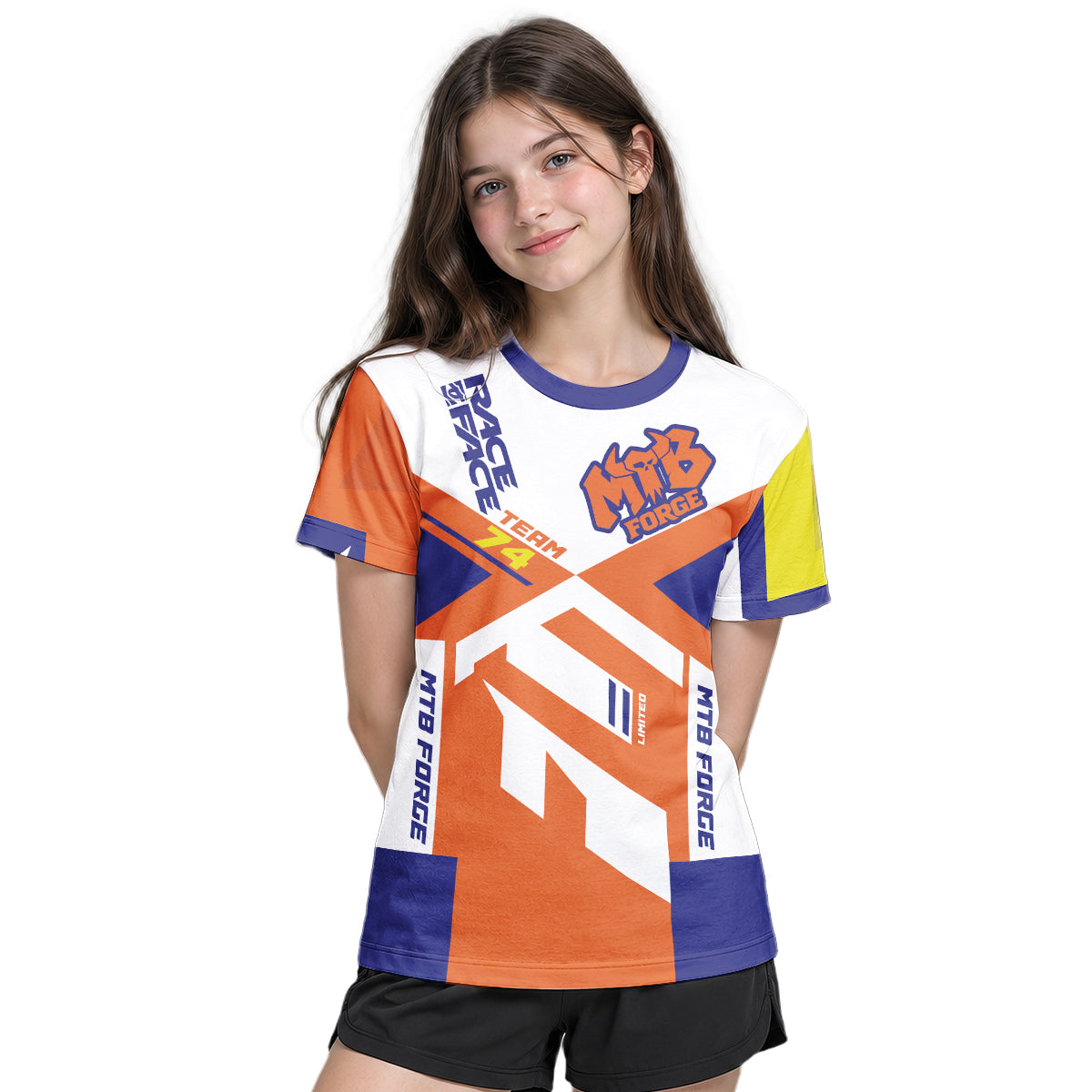 MTB Forge Team 74 Orange Blue Youth Short Sleeve Mountain Bike Jersey – Girl Lifestyle View
