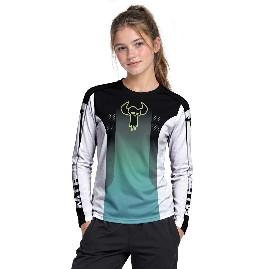 MTB Racing Black Teal Gradient Youth Long Sleeve Mountain Bike Jersey – Girl Lifestyle View