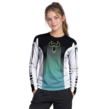 MTB Racing Black Teal Gradient Youth Long Sleeve Mountain Bike Jersey – Girl Lifestyle View