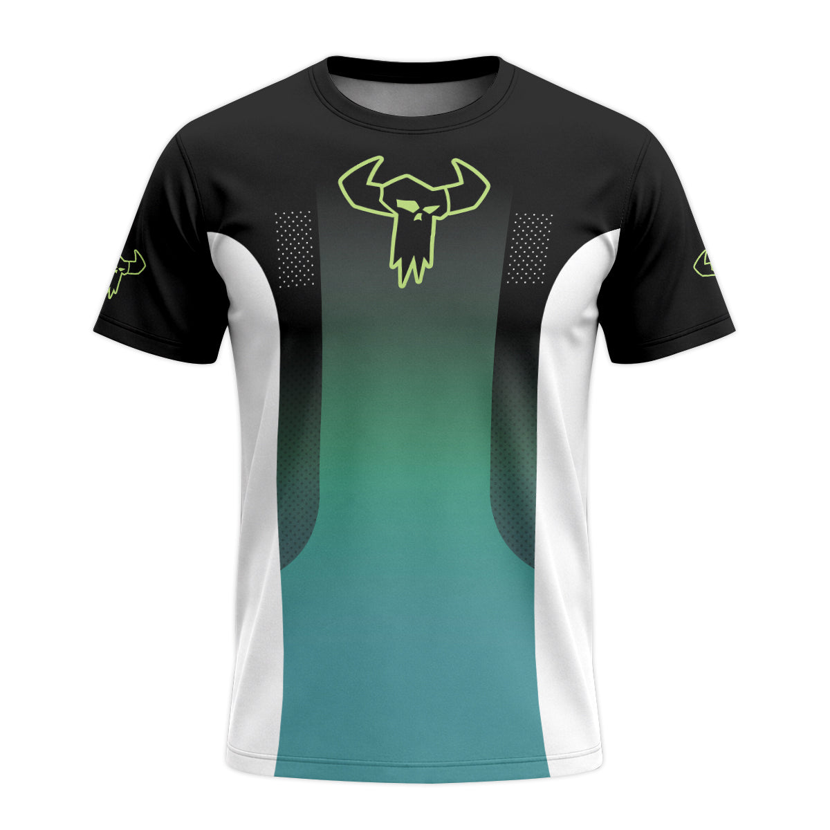 MTB Racing Black Teal Gradient Youth Short Sleeve Mountain Bike Jersey – Front View Mockup