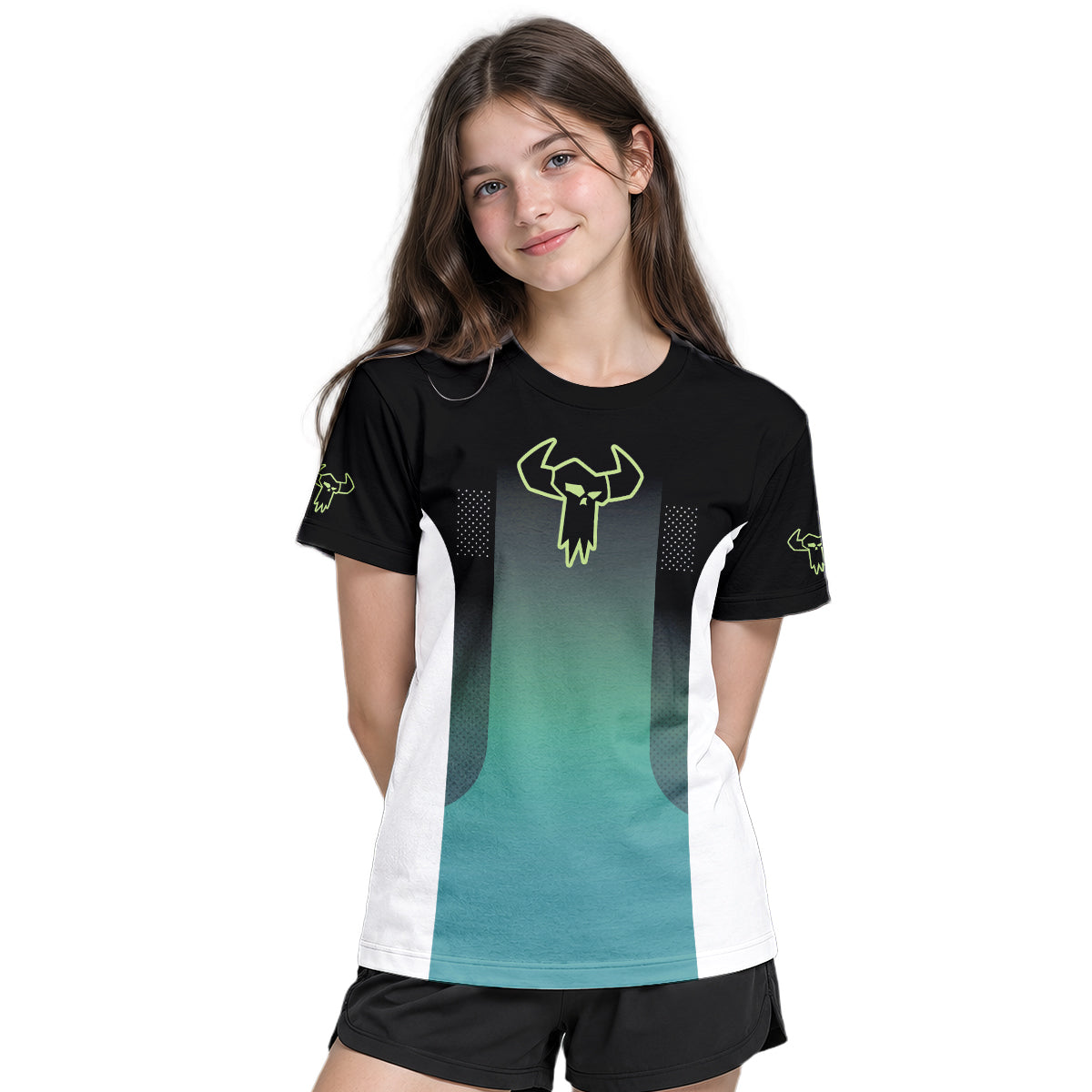 MTB Racing Black Teal Gradient Youth Short Sleeve Mountain Bike Jersey – Girl Lifestyle View