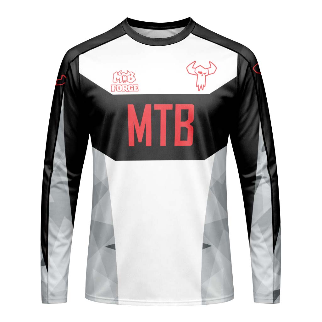 MTB Racing Black White Red Youth Long Sleeve Mountain Bike Jersey – Front View Mockup
