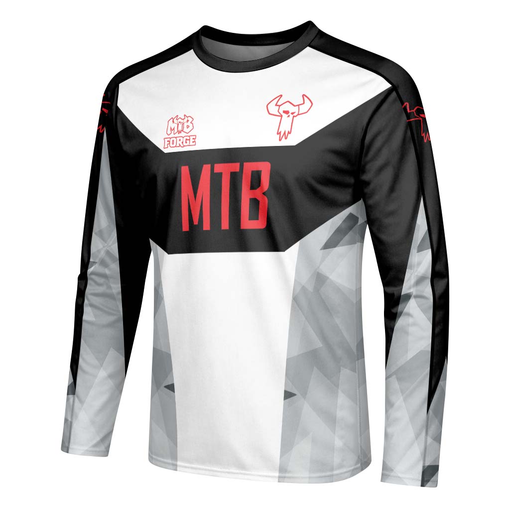 MTB Racing Black White Red Youth Long Sleeve Mountain Bike Jersey – Left Side View Mockup