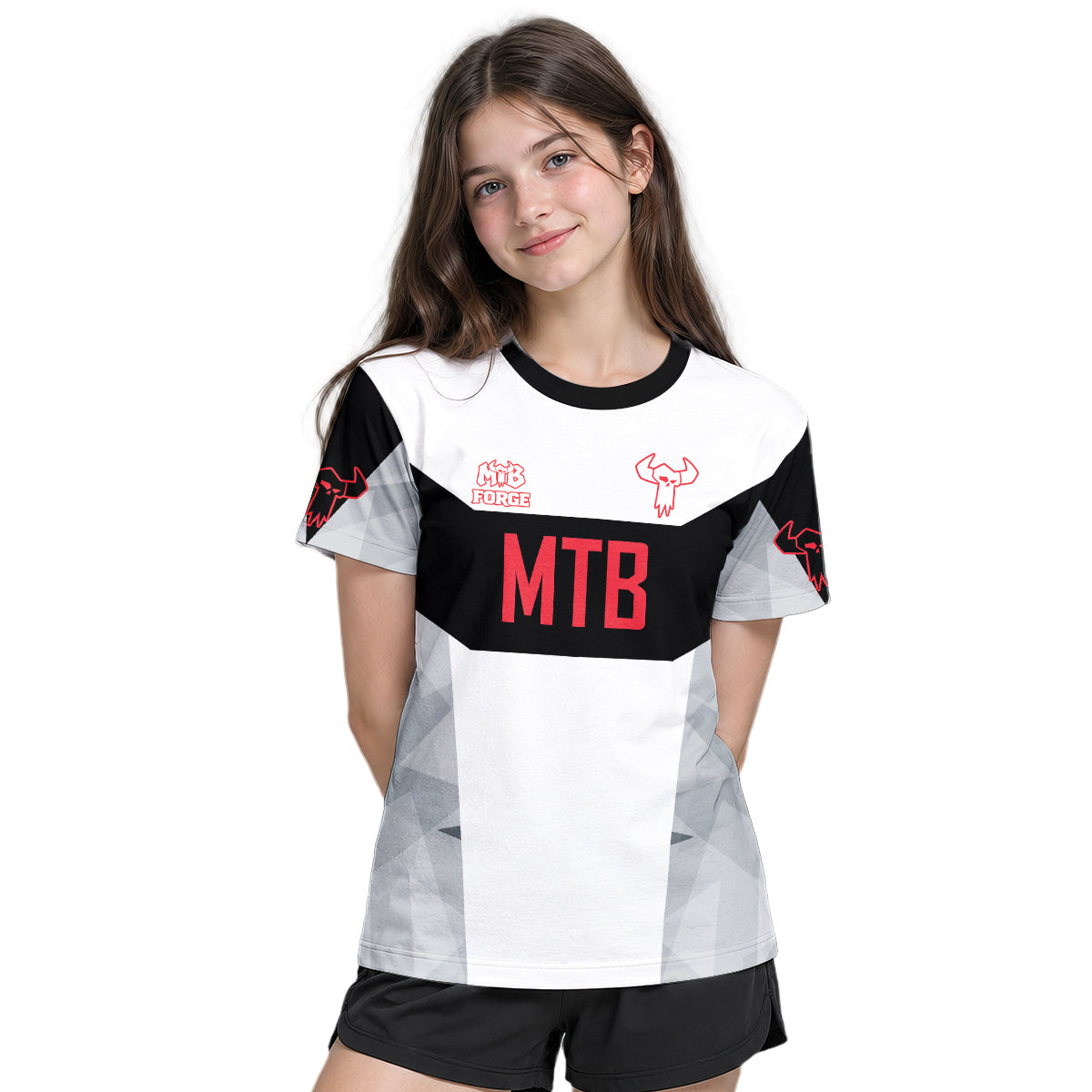 MTB Racing Black White Red Youth Short Sleeve Mountain Bike Jersey – Girl Lifestyle View