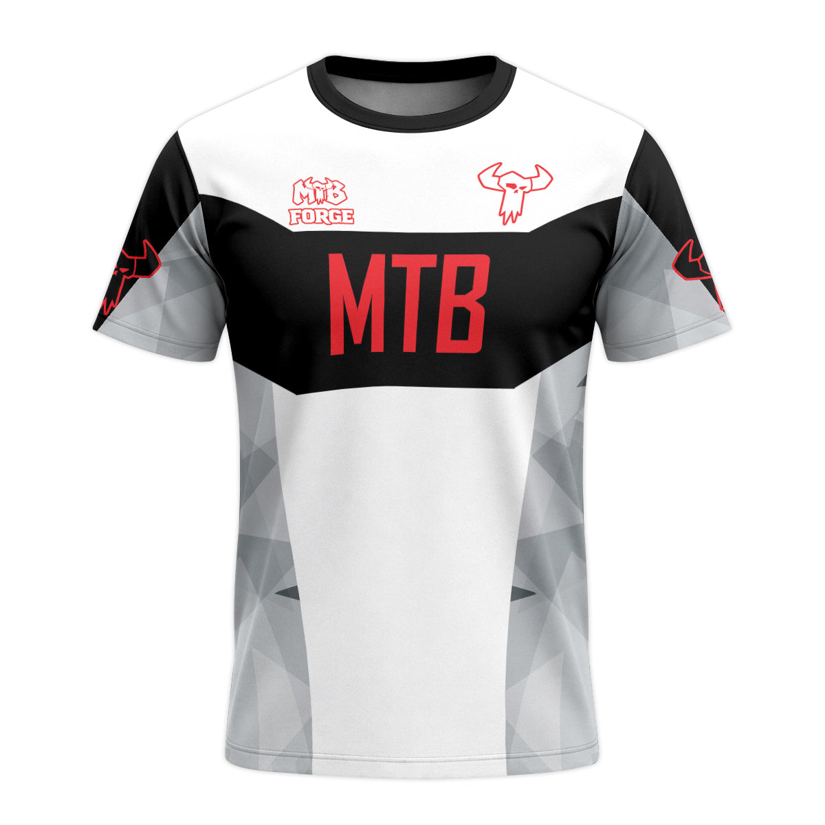 MTB Racing Black White Red Youth Short Sleeve Mountain Bike Jersey – Front View Mockup