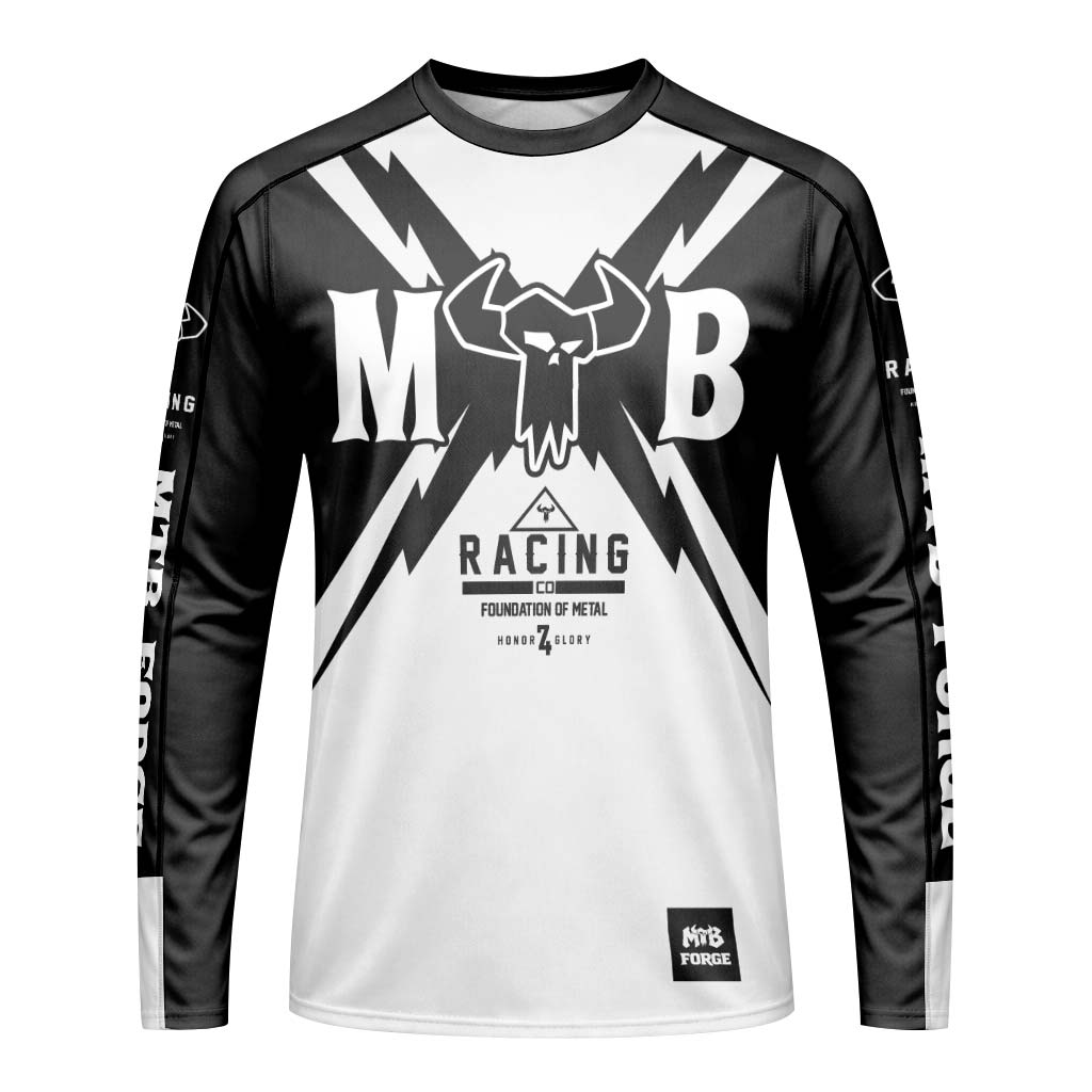 MTB Racing Black White Youth Long Sleeve Mountain Bike Jersey – Front View Mockup