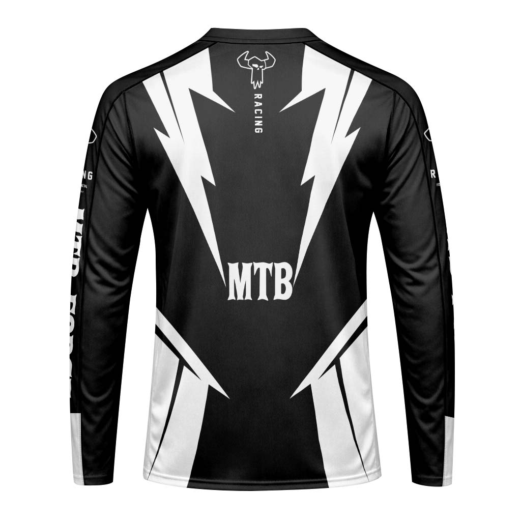 MTB Racing Black White Youth Long Sleeve Mountain Bike Jersey – Back View Mockup