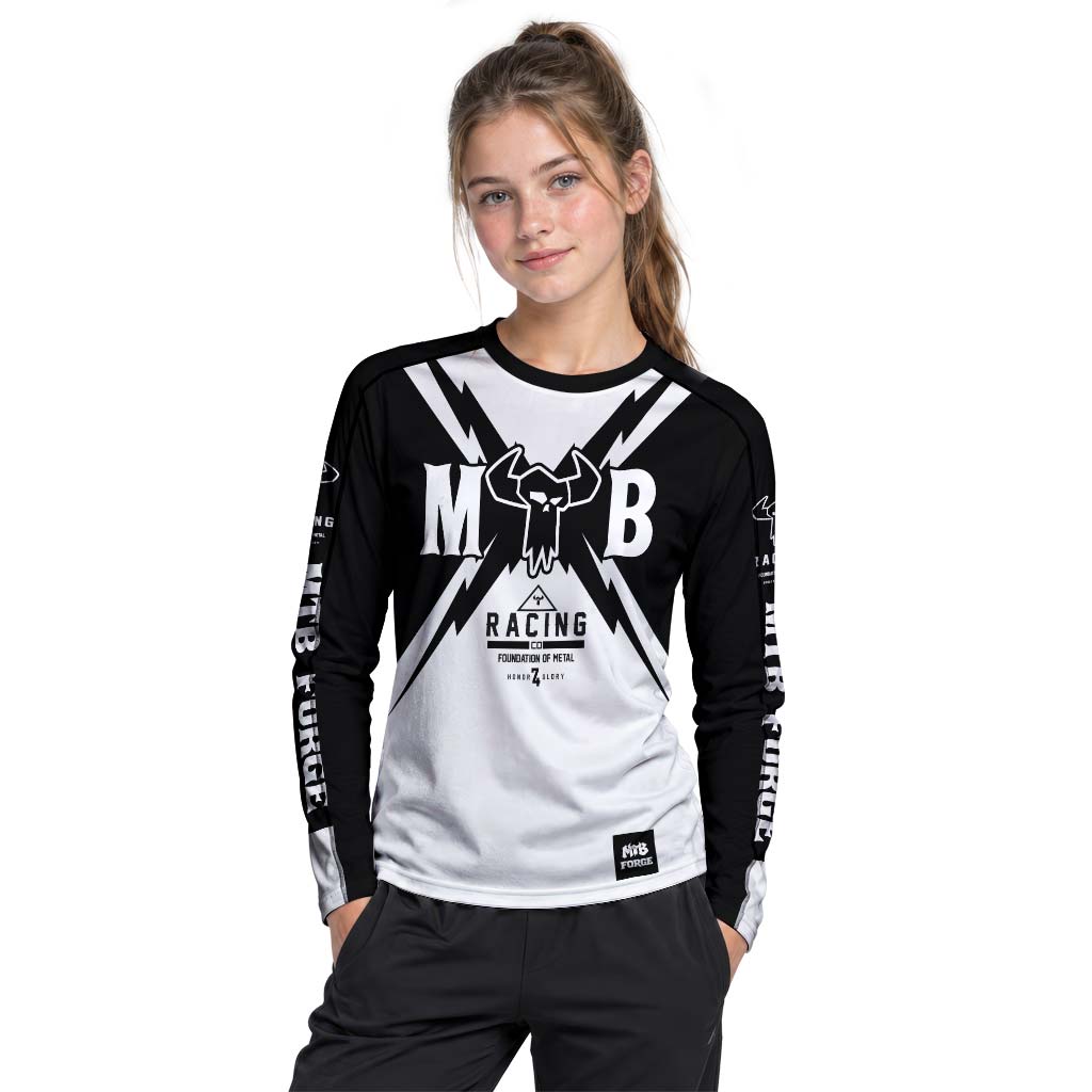 MTB Racing Black White Youth Long Sleeve Mountain Bike Jersey – Girl Lifestyle View