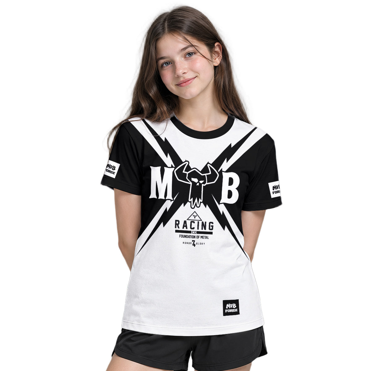 MTB Racing Black White Youth Short Sleeve Mountain Bike Jersey – Girl Lifestyle View