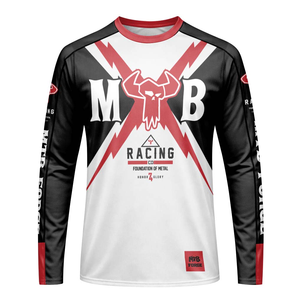 MTB Racing Red Black White Youth Long Sleeve Mountain Bike Jersey – Front View Mockup