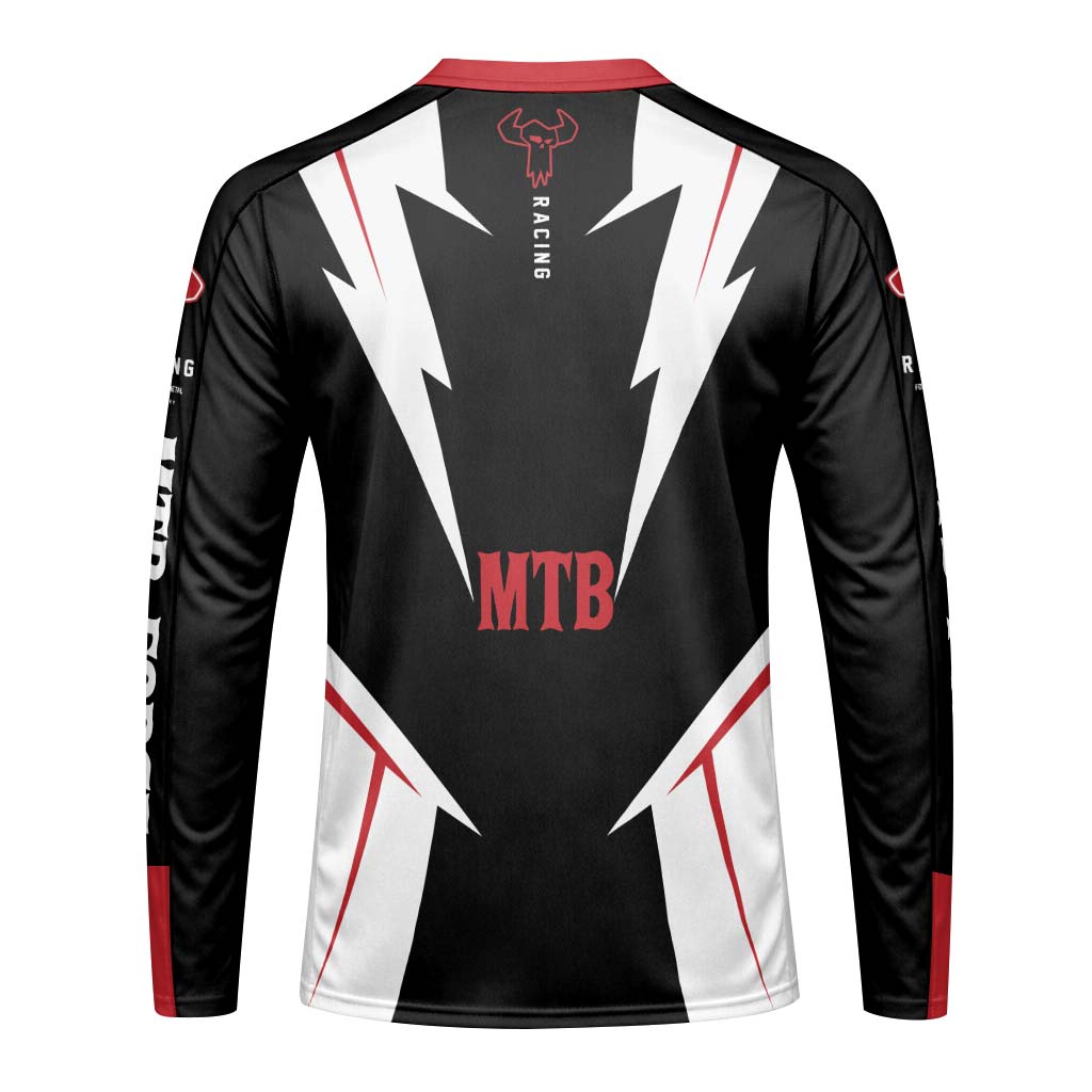 MTB Racing Red Black White Youth Long Sleeve Mountain Bike Jersey – Back View Mockup