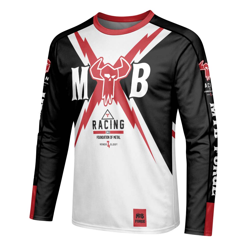 MTB Racing Red Black White Youth Long Sleeve Mountain Bike Jersey – Left Side View Mockup