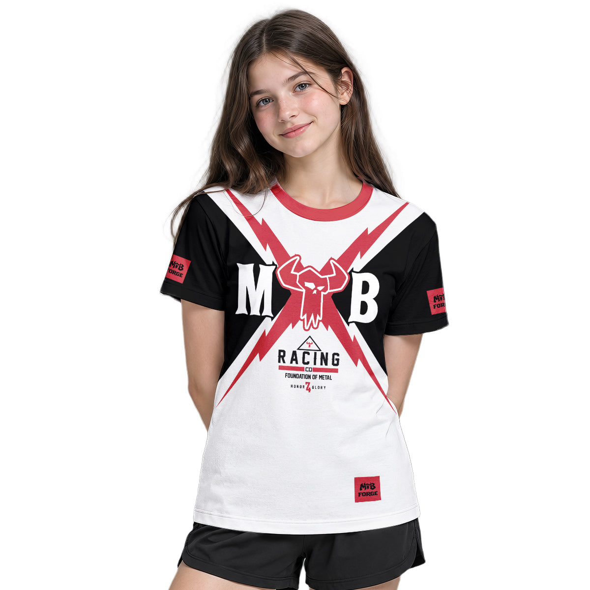 MTB Racing Red Black White Youth Short Sleeve Mountain Bike Jersey – Girl Lifestyle View