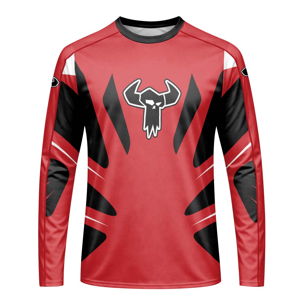 MTB Racing Red White Black Youth Long Sleeve Mountain Bike Jersey – Front View Mockup
