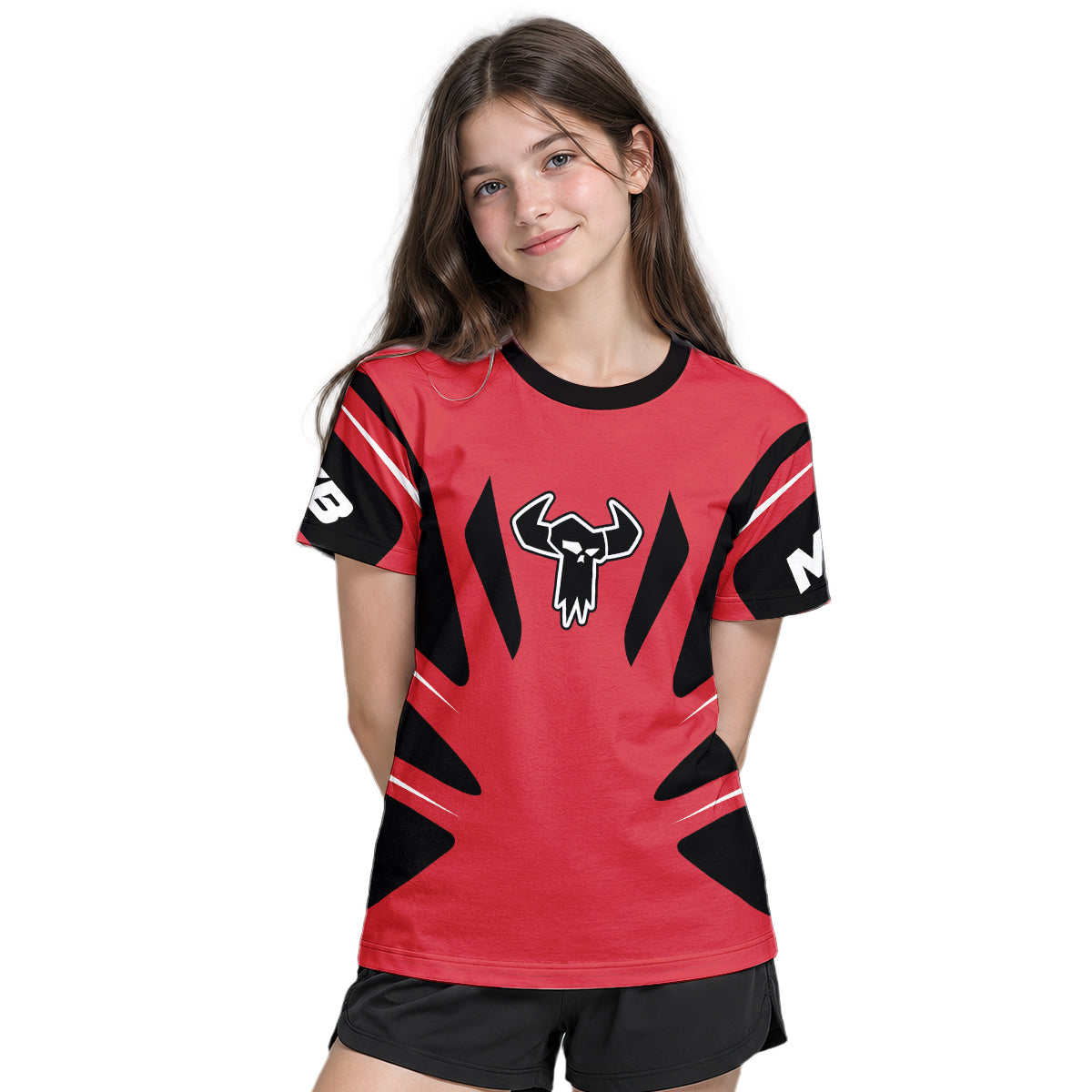 MTB Racing Red White Black Youth Short Sleeve Mountain Bike Jersey – Girl Lifestyle View