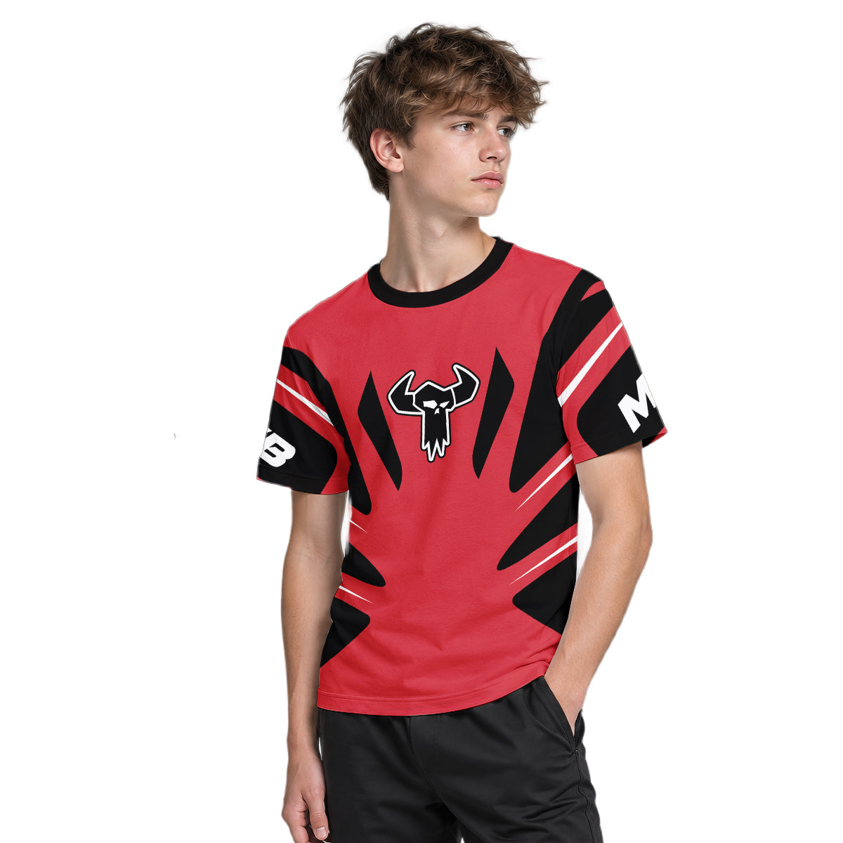 MTB Racing Red White Black Youth Short Sleeve Mountain Bike Jersey – Boy Lifestyle View