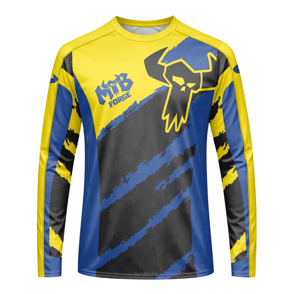 MTB Racing Yellow Blue Black Youth Long Sleeve Mountain Bike Jersey – Front View Mockup
