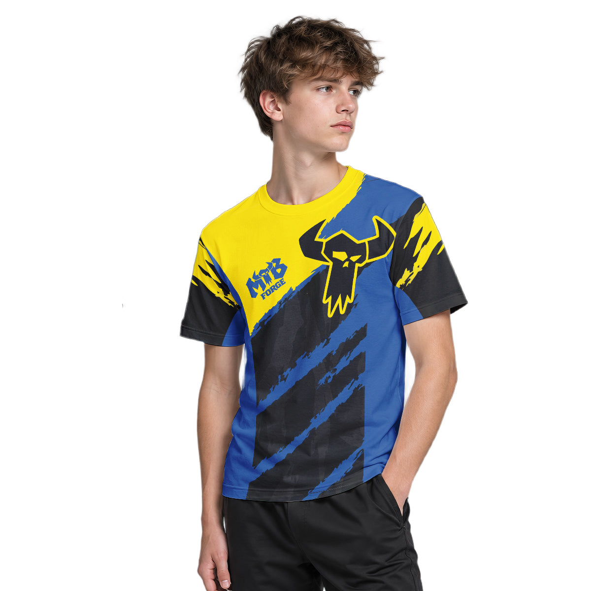MTB Racing Yellow Blue Black Youth Short Sleeve Mountain Bike Jersey – Boy Lifestyle View