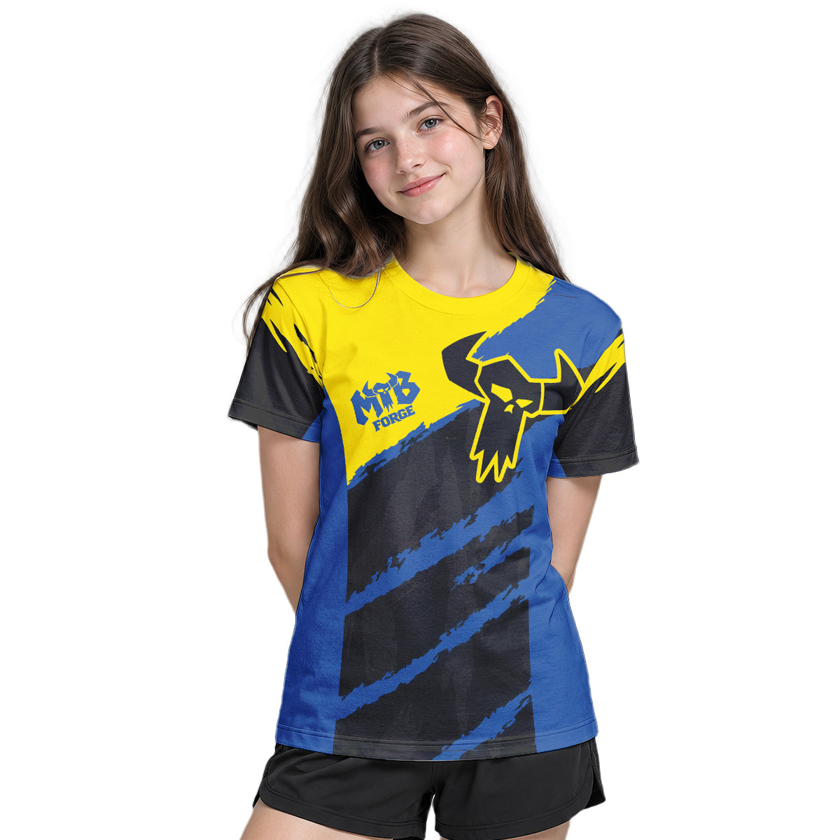 MTB Racing Yellow Blue Black Youth Short Sleeve Mountain Bike Jersey – Girl Lifestyle View